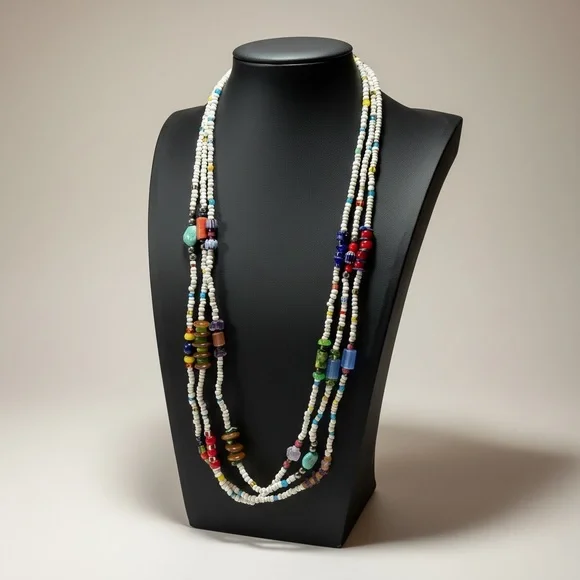 Vintage Ethnic Necklace Multi Strand Glass Gemstone Millefiori Trade Beads Boho